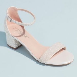 allover iridescent pearl low block heel sandals